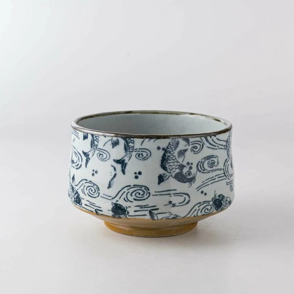 Carp in Waves Pattern Matcha Bowl in Wooden Gift Box - Image 2