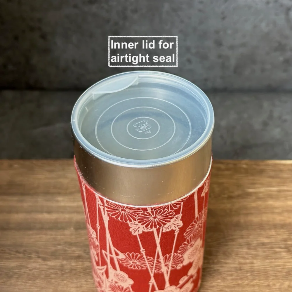 Okumura Seikan: Tea Canister, Fabric (size for 175g sencha), Design: Seigaiha Waves Orange - Image 2