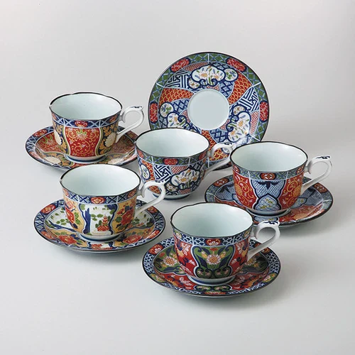 Saikai Ceramics (LAST SET): 5-piece Porcelain Traditional Imariyaki Cup & Saucer Set (Microwave Safe) - Image 2