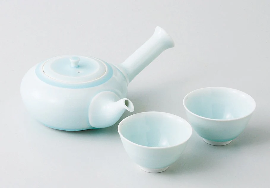 Saikai Ceramics: Hasamiyaki Blue Porcelain Kyusu Set - Tea Pot + Two Tea Cups