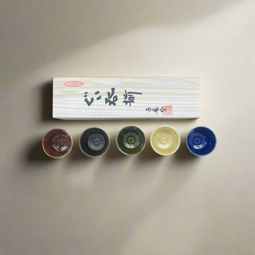 Seiangama: Carved Design Mino-yaki Guinomi Cup 5 Piece Set with Wooden Box 削ぎ五様ぐい呑揃 - Image 3