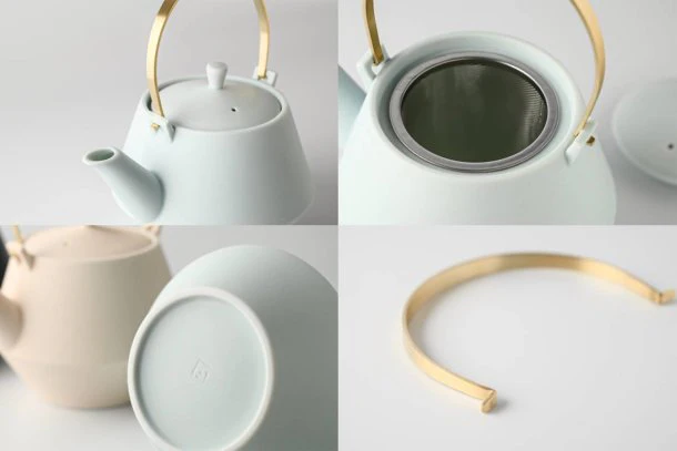 Yamatsu Kiln (Minoyaki, Gifu): Minimalist Frustum Kyusu Tea pot with Brass handle (Tsubame sanjyo), Pale blue 晋山窯ヤマツ 土瓶 白藍釉 (真鍮ツル) - Image 2