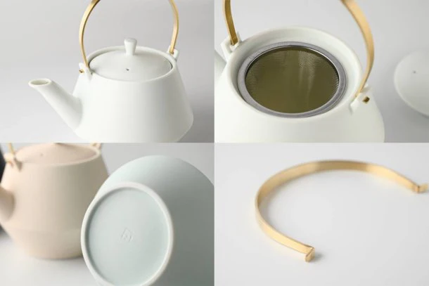 Yamatsu Kiln (Minoyaki, Gifu): Minimalist Frustum Kyusu Tea pot with Brass handle (Tsubame sanjyo), White 晋山窯ヤマツ 土瓶 白釉 (真鍮ツル) - Image 2